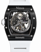 Ninos White Tonneau Automatic rear view with transparent case back and white strap