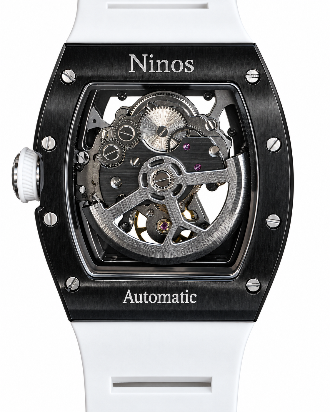 Ninos White Tonneau Automatic rear view with transparent case back and white strap